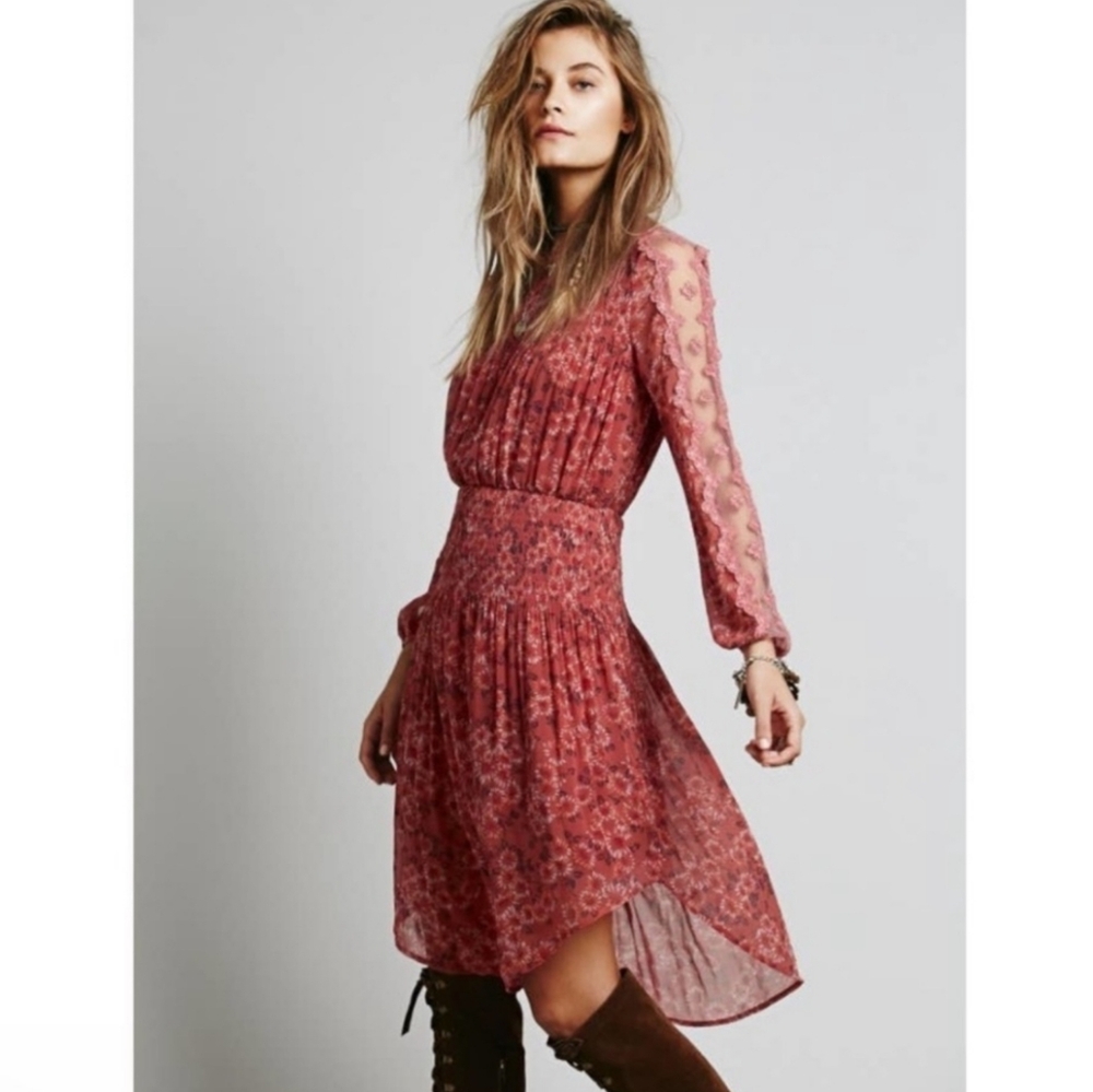NEW Free People Open Waters Charlotte Smocked Midi Dress Floral Lace Size small
